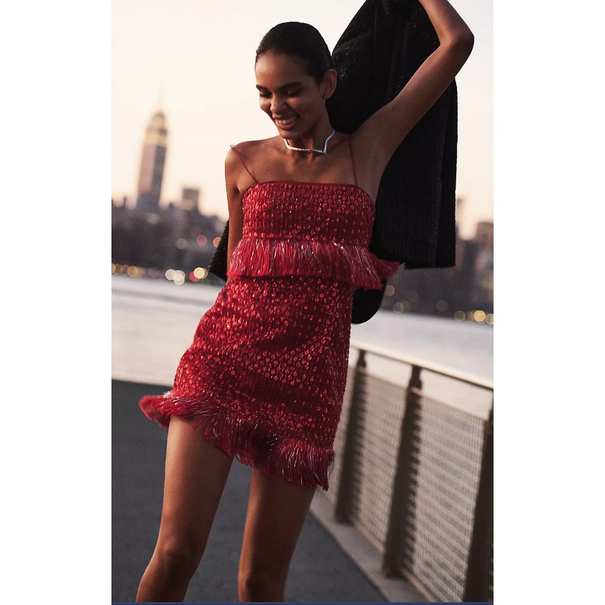 New Anthropologie Saylor Red Sequin Fringe Mini Dress - Size Small